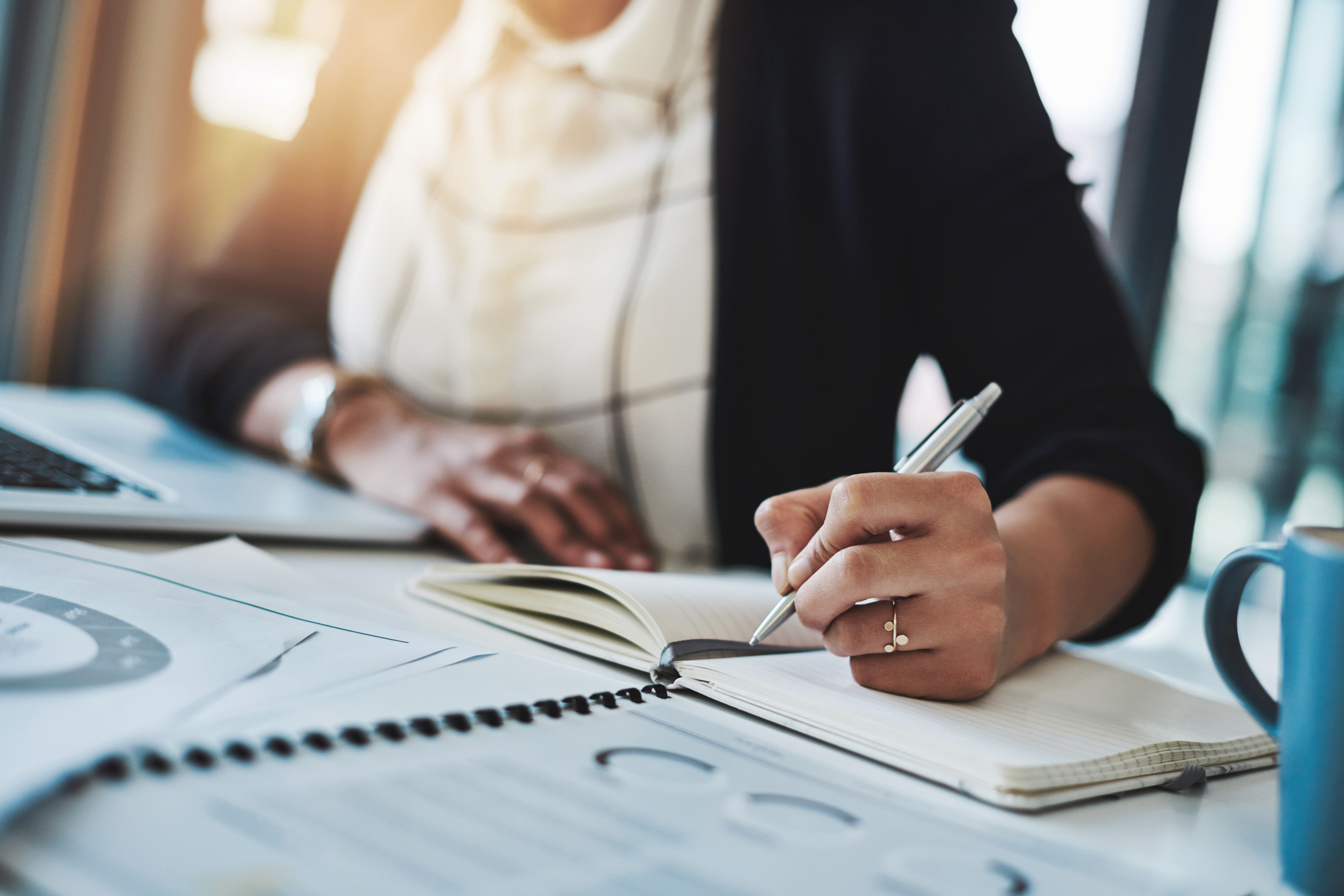 Business Woman Writing Reports Charts Desk Office